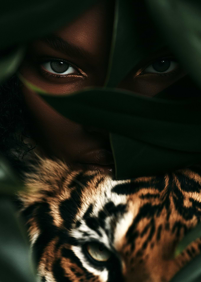 Woman and Tiger in Jungle