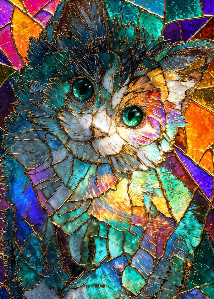 Colorful stained glass kitten face portrait artwork