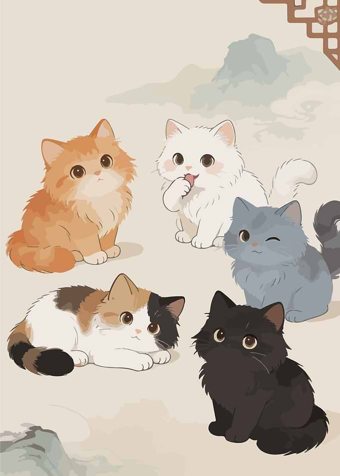 Five Cute Fluffy Kittens Illustration
