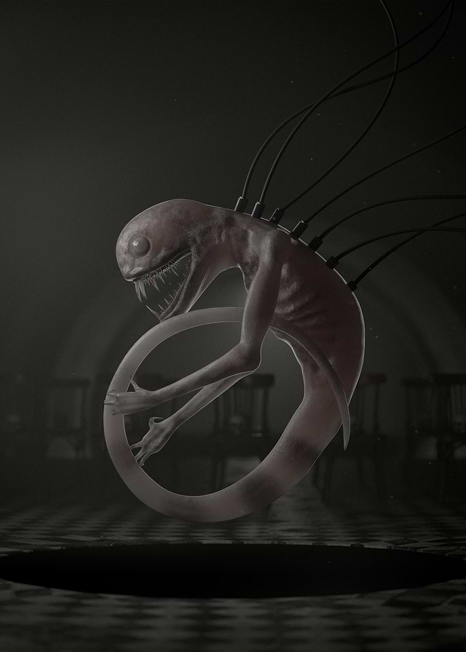A surreal creature coiled into an ouroboros, adorned with the skulls of biohorror-style overseers.