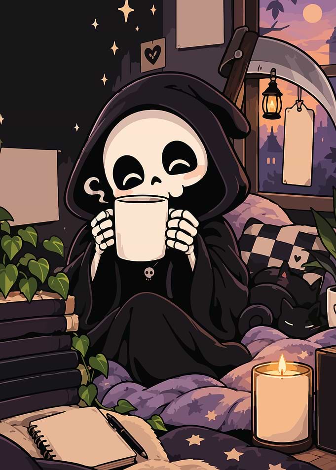 Cute Grim Reaper Drinking Coffee