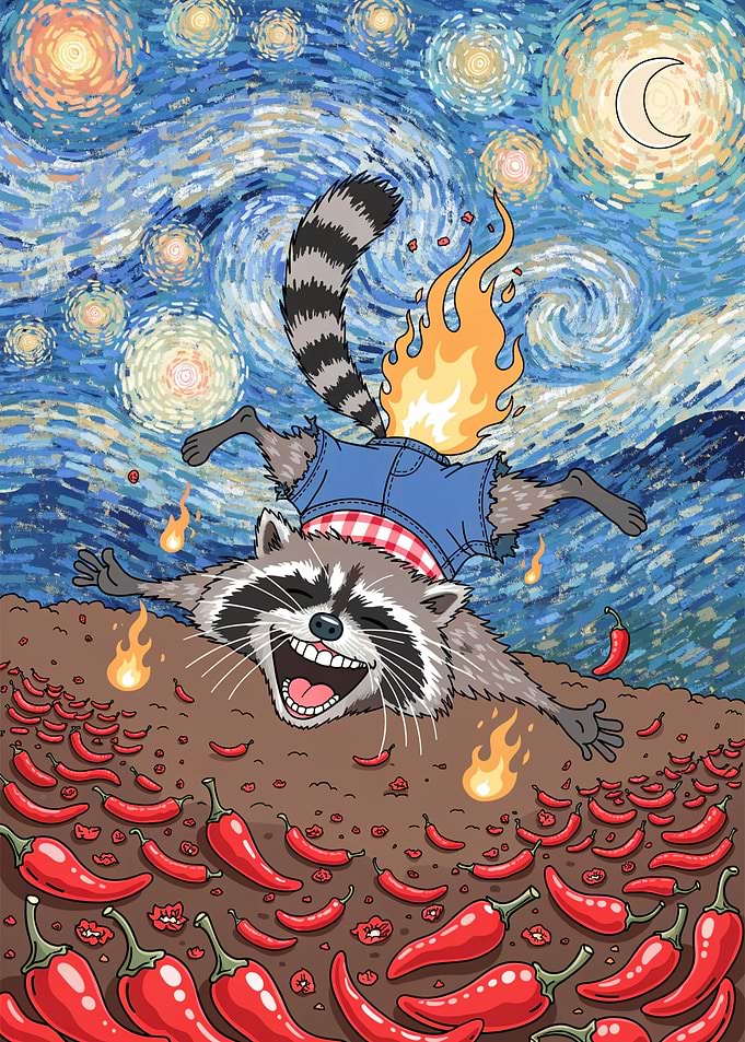 Raccoon with Flaming Tail in Chili Field