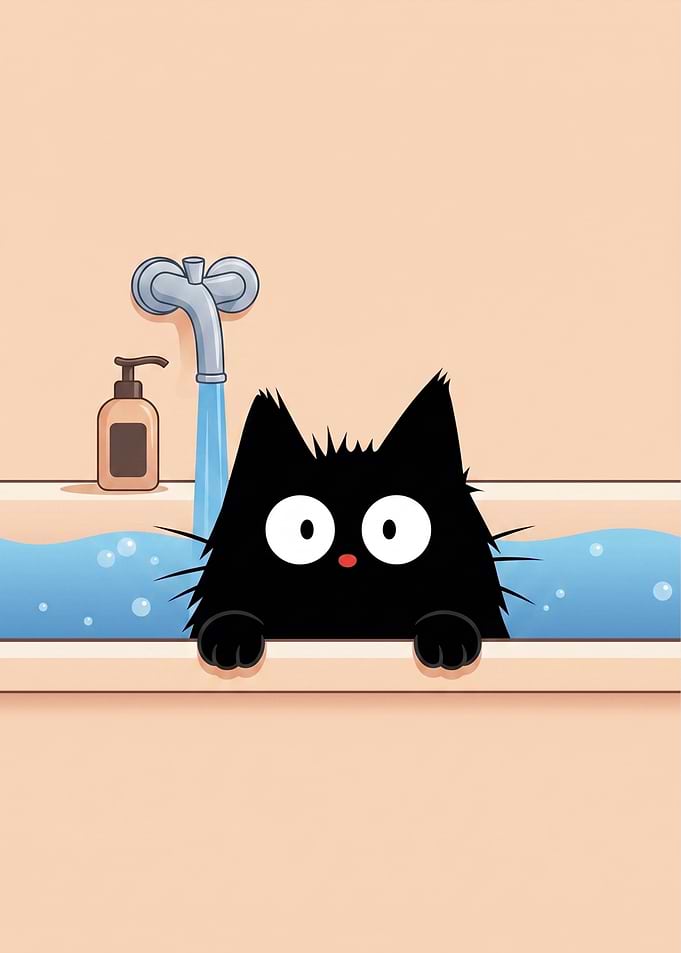 Cute Black Cat in Bathtub funny bathroom