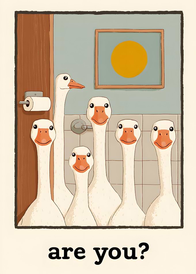 Funny Geese Bathroom Intrusion Illustration