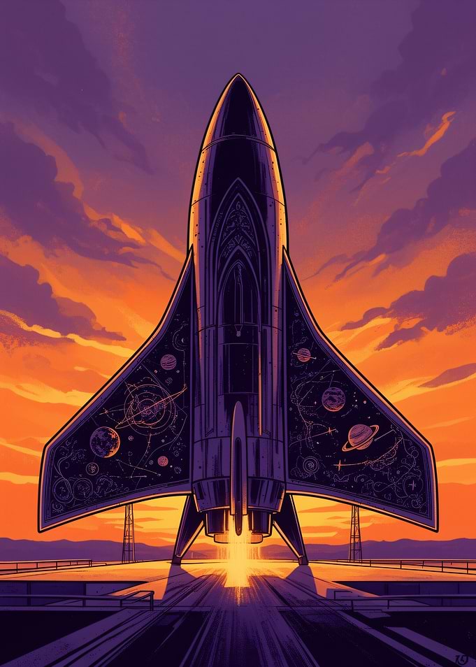 Artistic Rocket Ship at Sunset