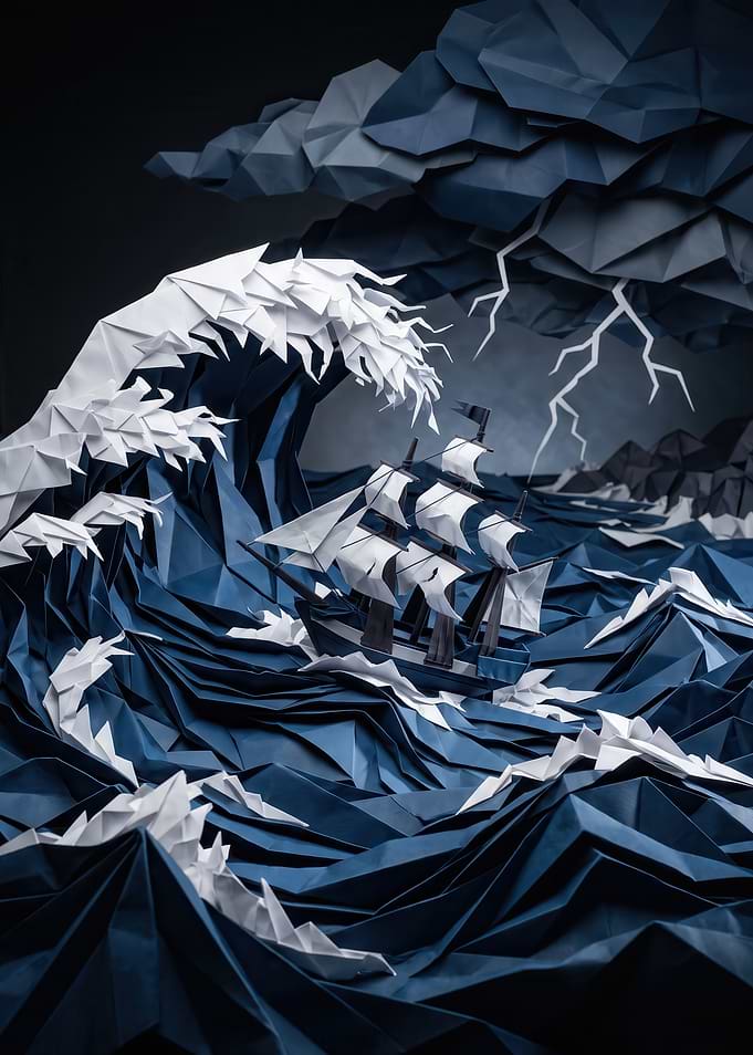 Origami Paper Ship in Stormy Sea