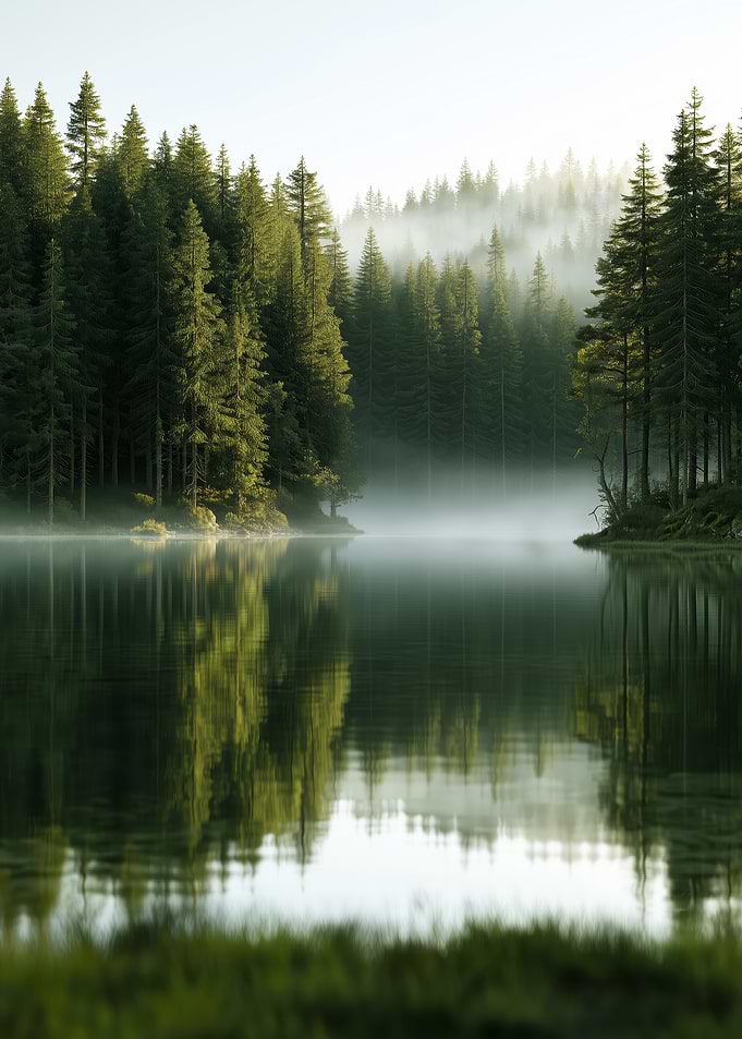Misty Forest Lake Reflection