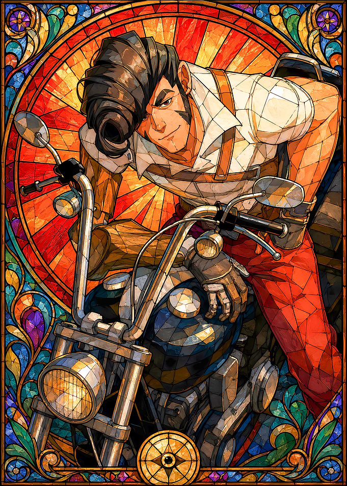 Stained Glass Style Anime Biker