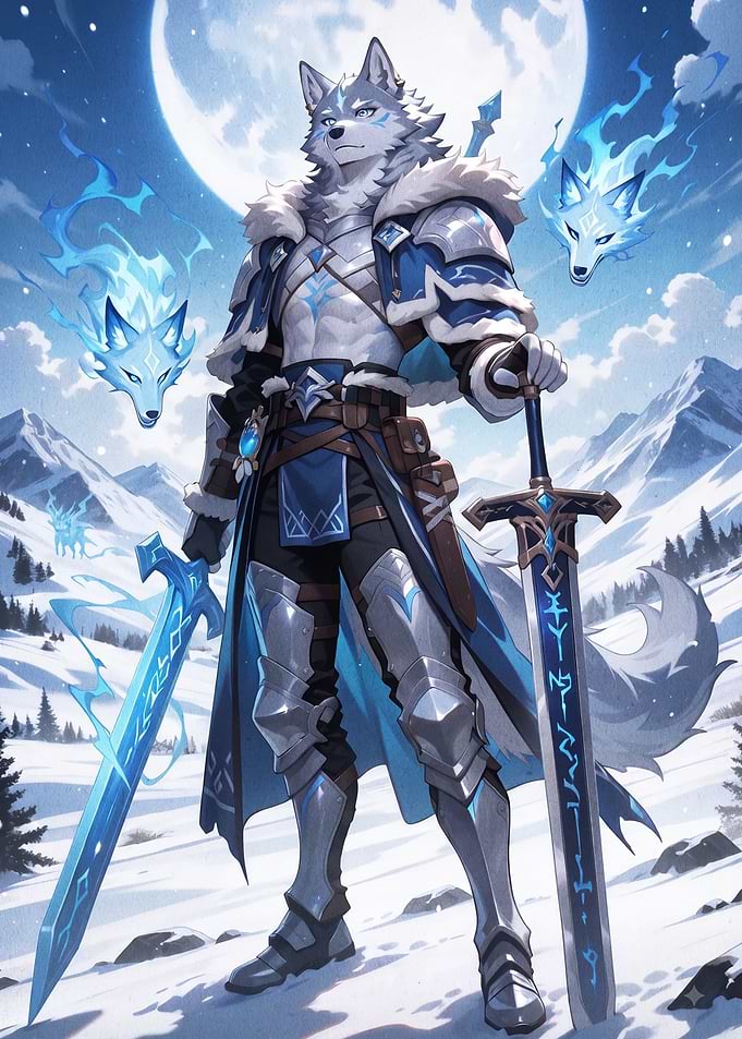 Wolf Warrior Knight in Snowy Landscape