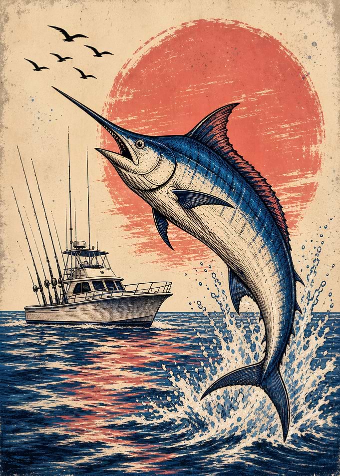 Vintage Marlin Fishing by Sunset