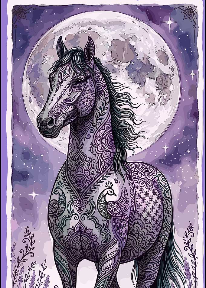 Ornate Mandala Horse Under Full Moon