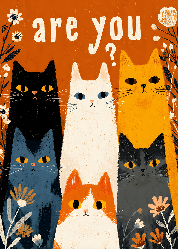 Five Cats Illustration with Flowers
