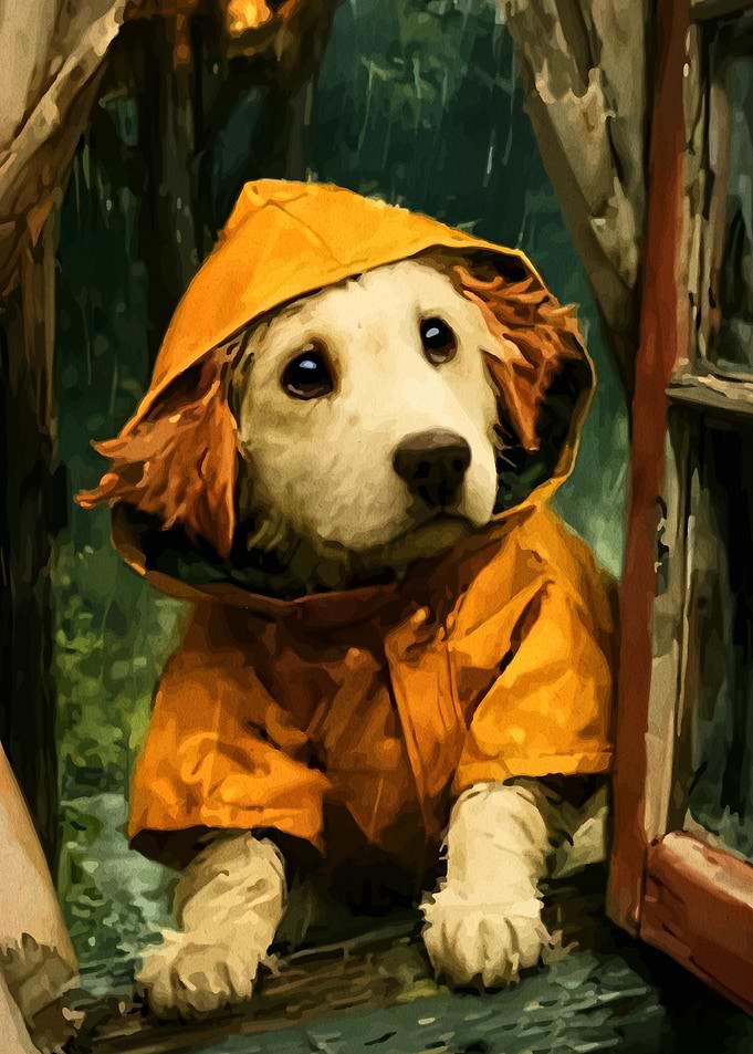 Puppy in a Yellow Raincoat