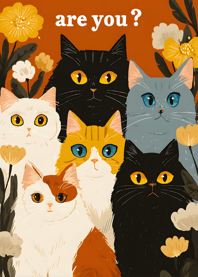 Group of Cats Among Flowers