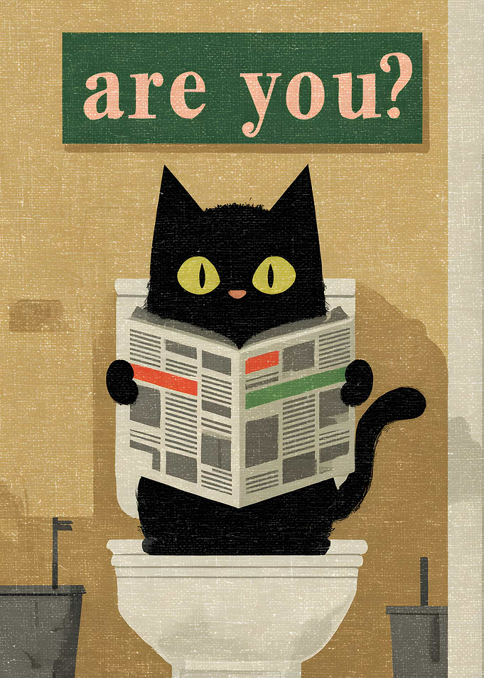 Funny Black Cat Reading on Toilet