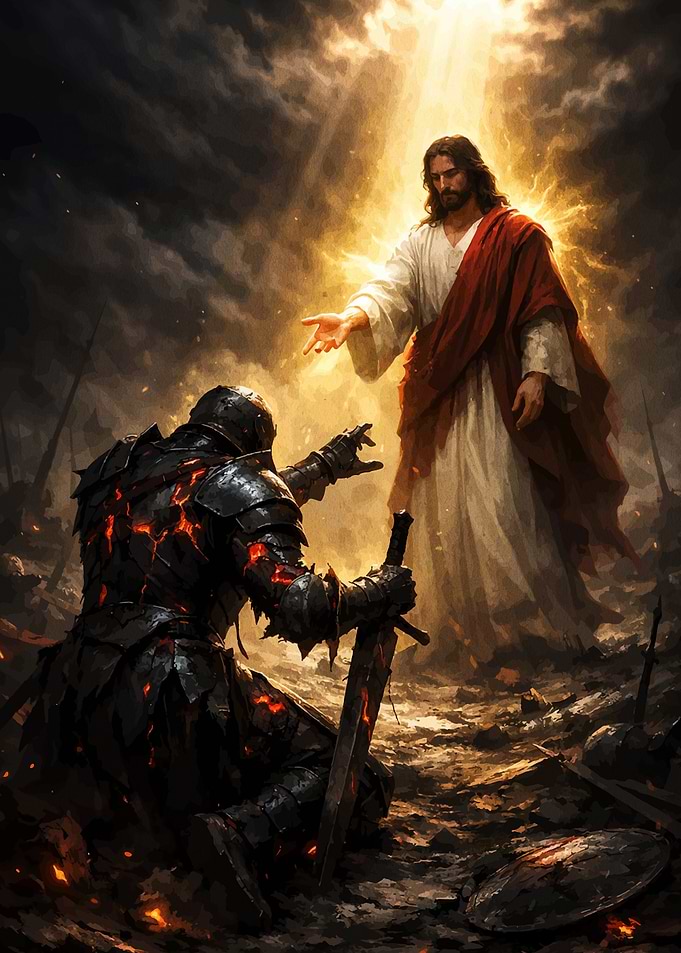Jesus Reaching Out to Fallen Knight