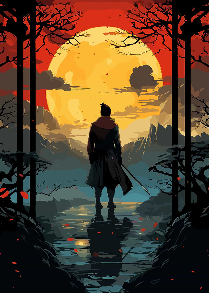 Samurai Silhouette Under Giant Moon