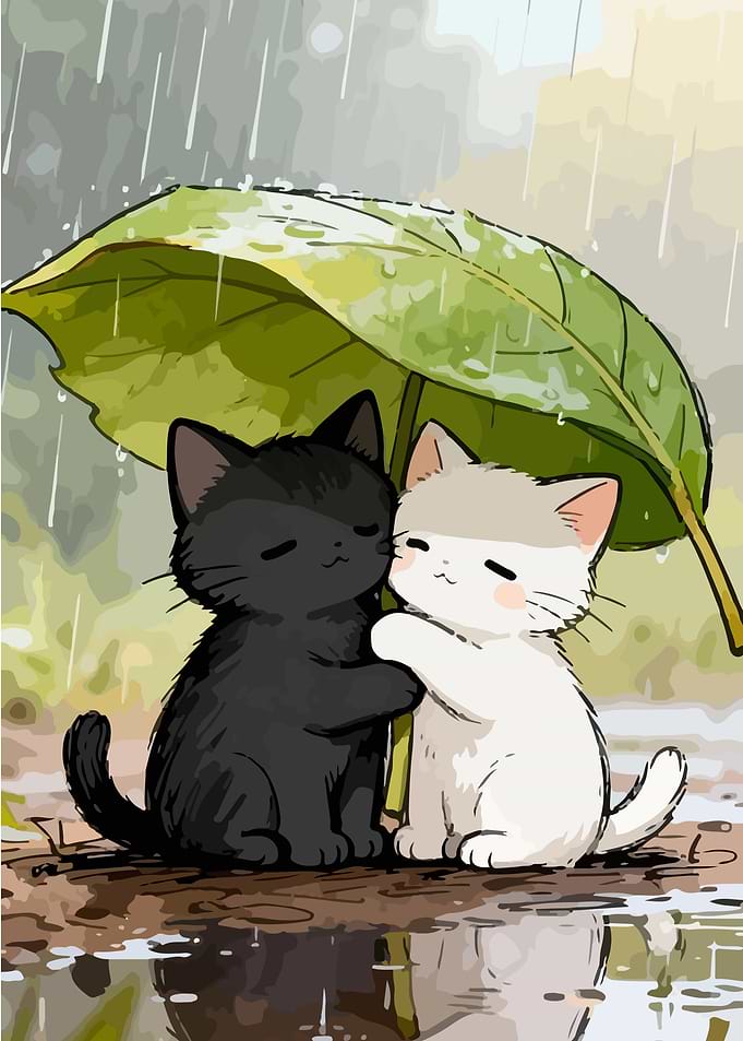 Two Kittens Hugging Under a Leaf