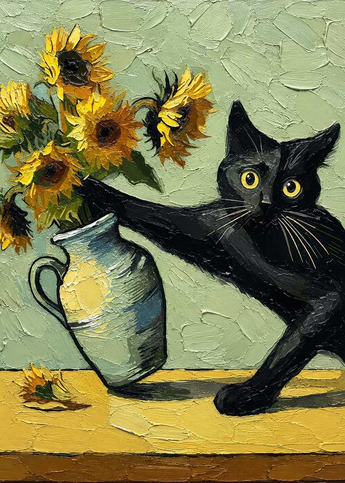 Black Cat Knocking Over Sunflowers