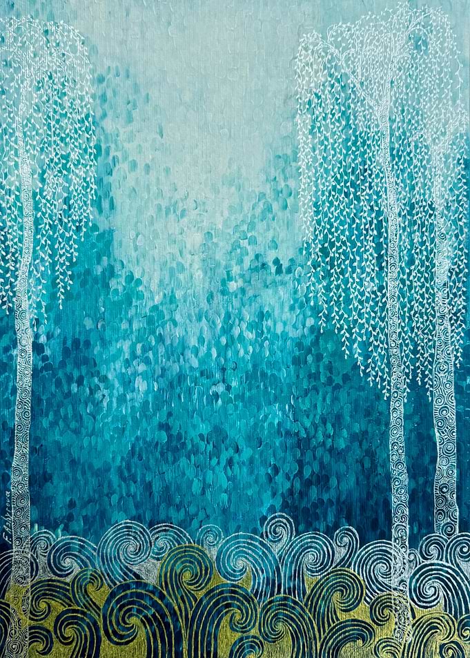 Whimsical Blue Willow Forest Painting