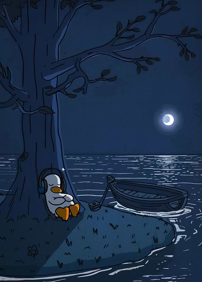 Duck listening to music by lake