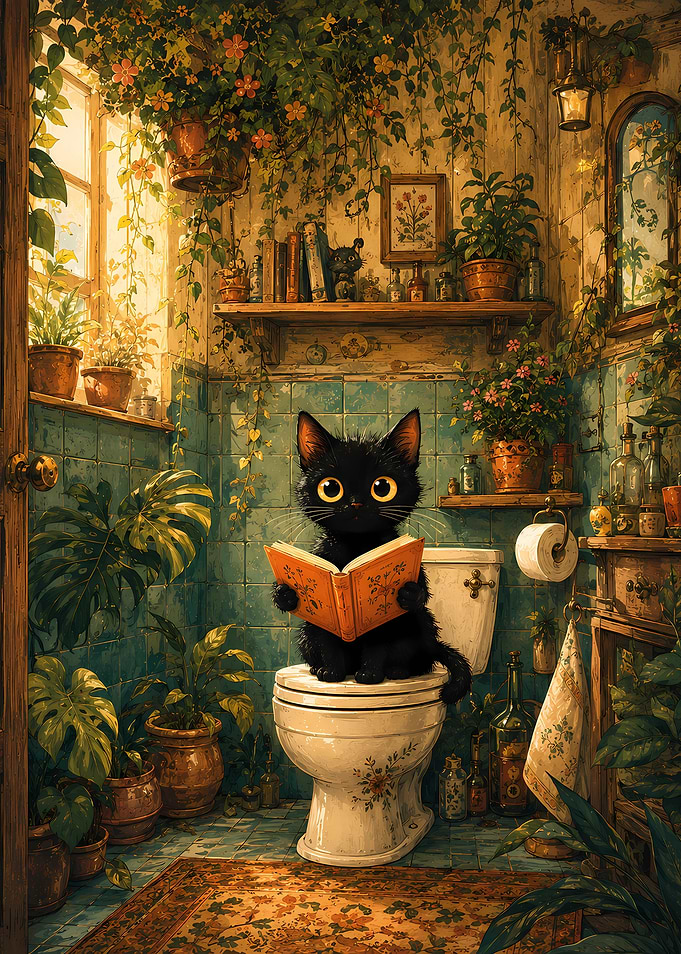 Black Cat Reading on Toilet