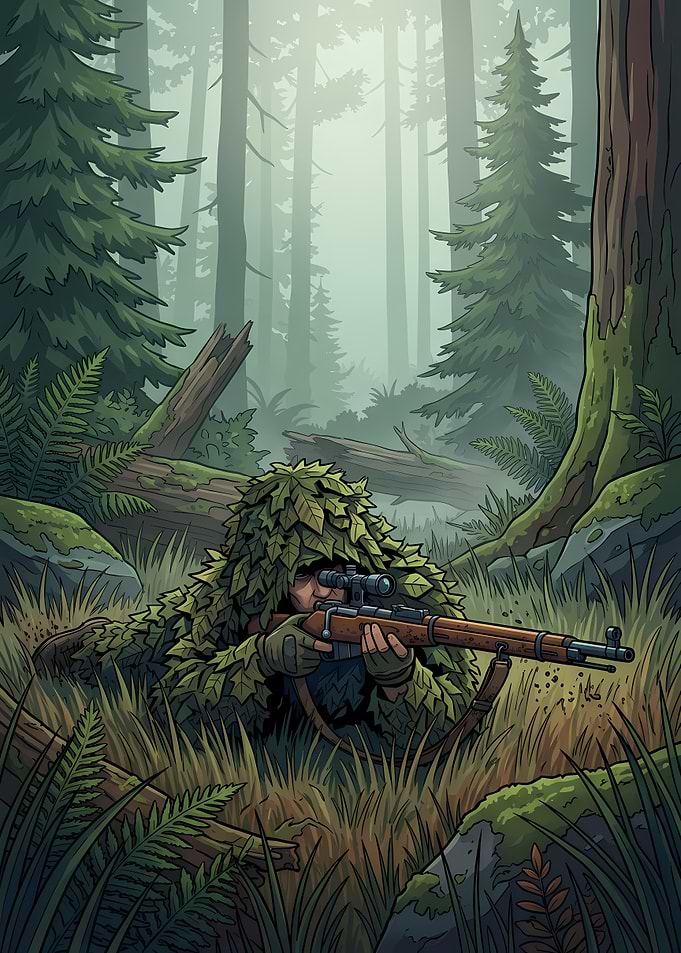 Sniper in Ghillie Suit Forest Camouflage