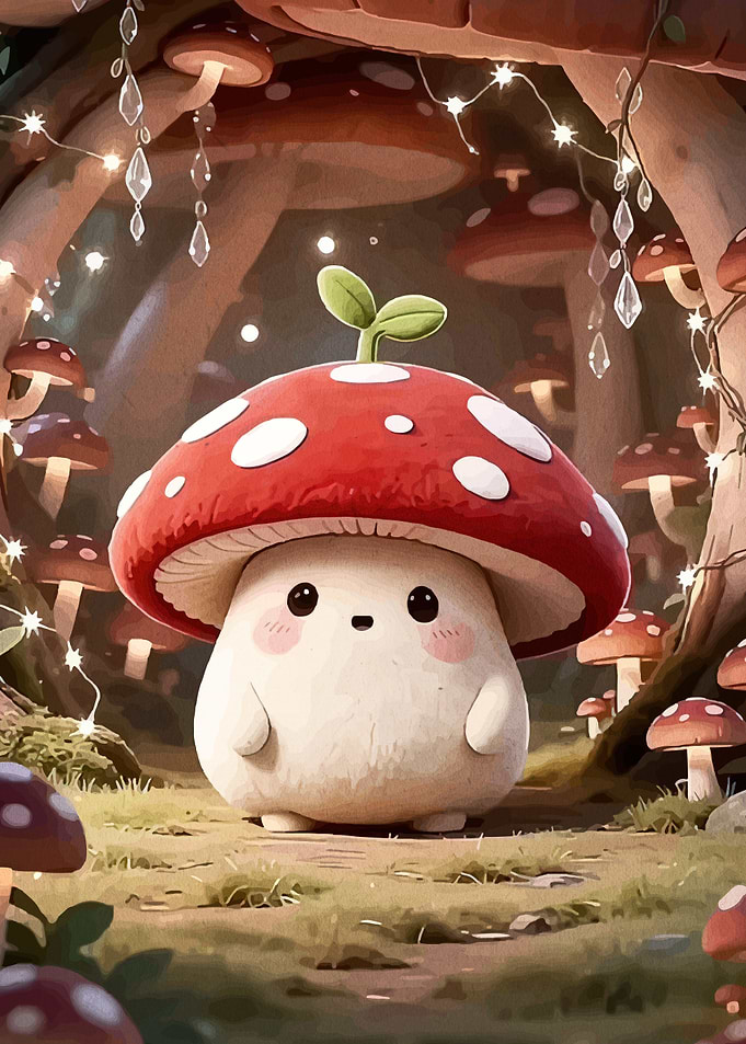 Cute Mushroom Character in Enchanted Forest