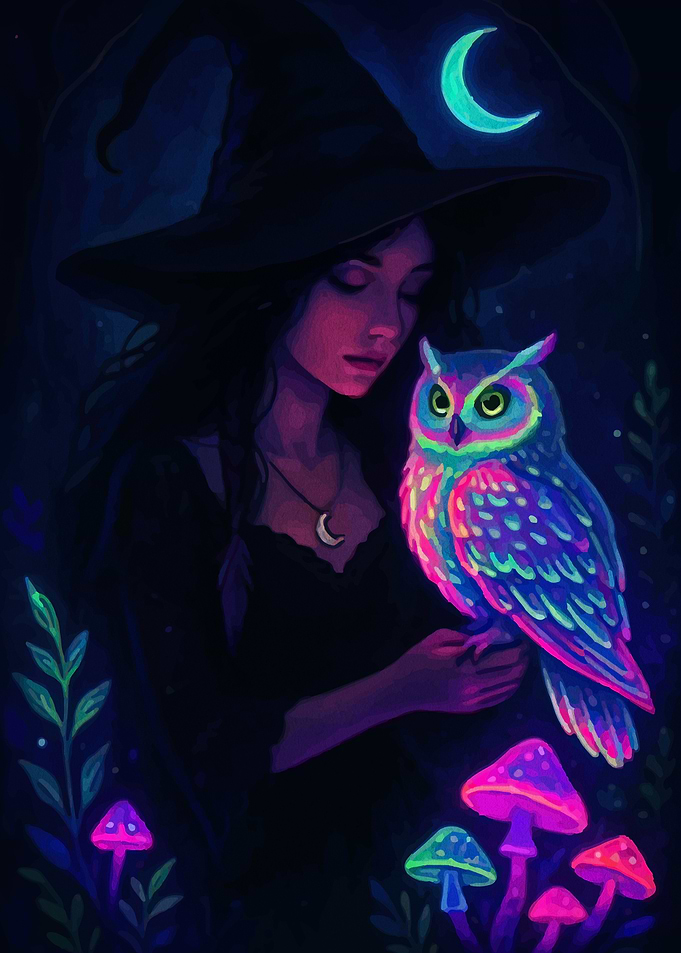 Neon Witch with Glowing Owl