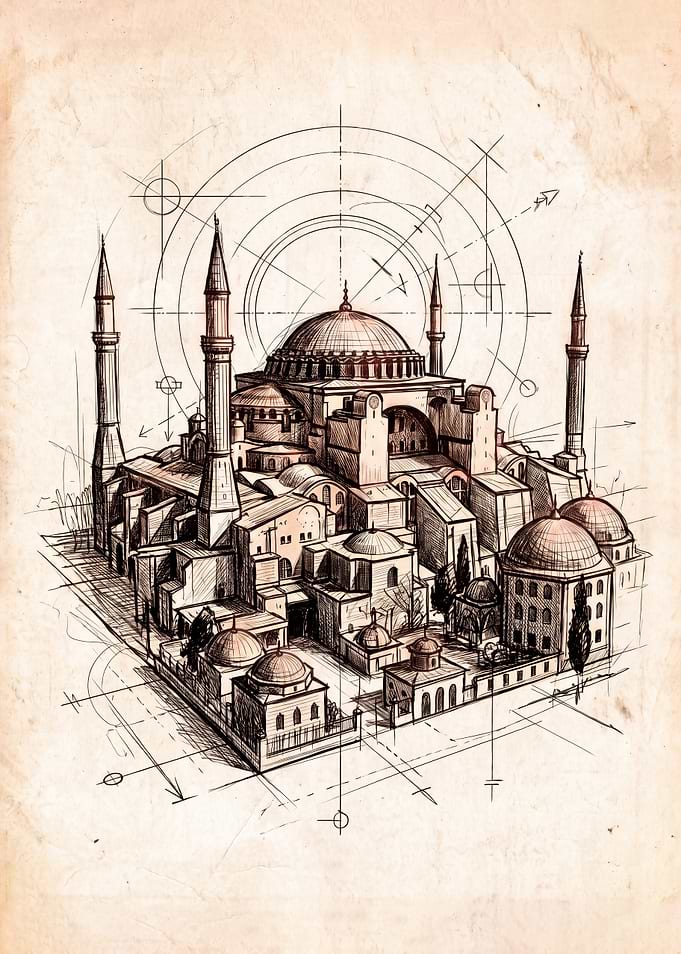 Hagia Sophia Architectural Blueprint Sketch