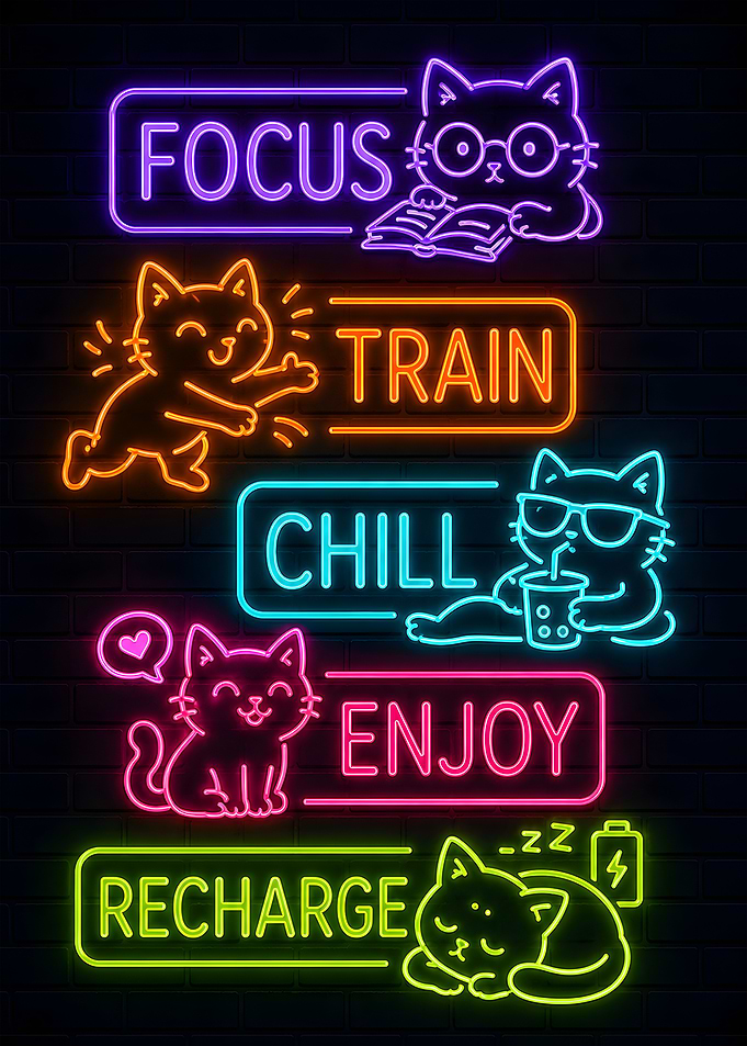 Cute Cat Neon Signs - Focus Train Chill Enjoy Recharge Poster