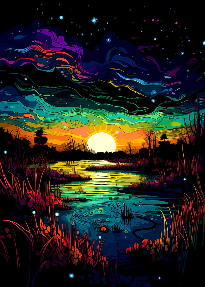 Vibrant Psychedelic Sunset Over Marshland