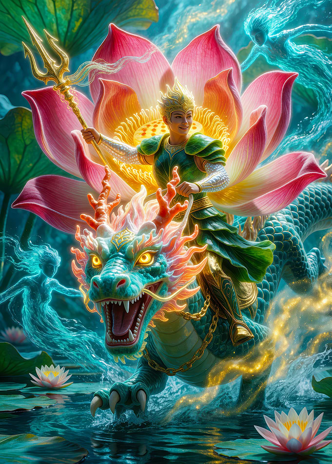Warrior Riding Dragon in Lotus Pond