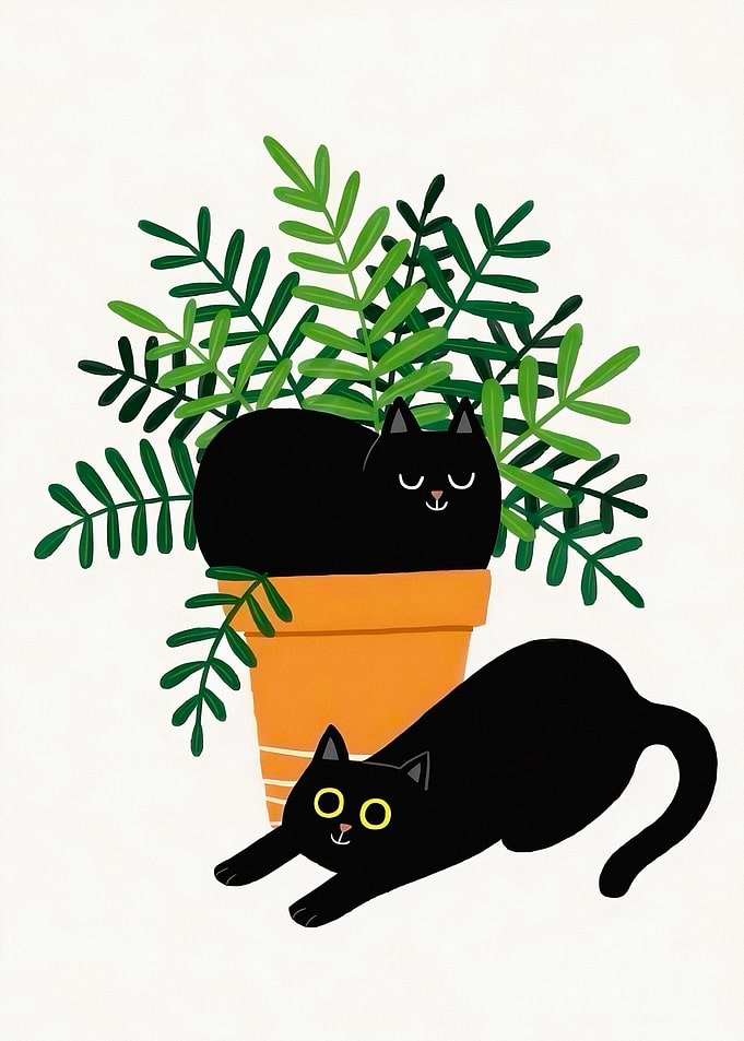Two Black Cats and Potted Plant
