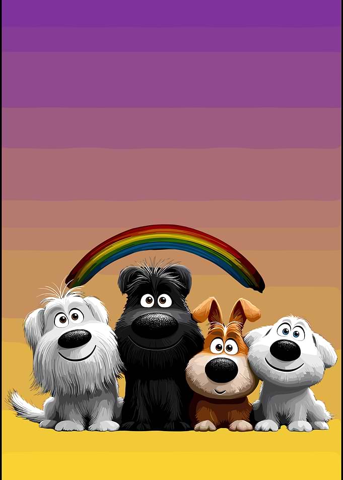 Four Cartoon Dogs Under a Rainbow