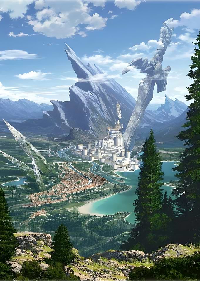 Fantasy City with Giant Stone Swords