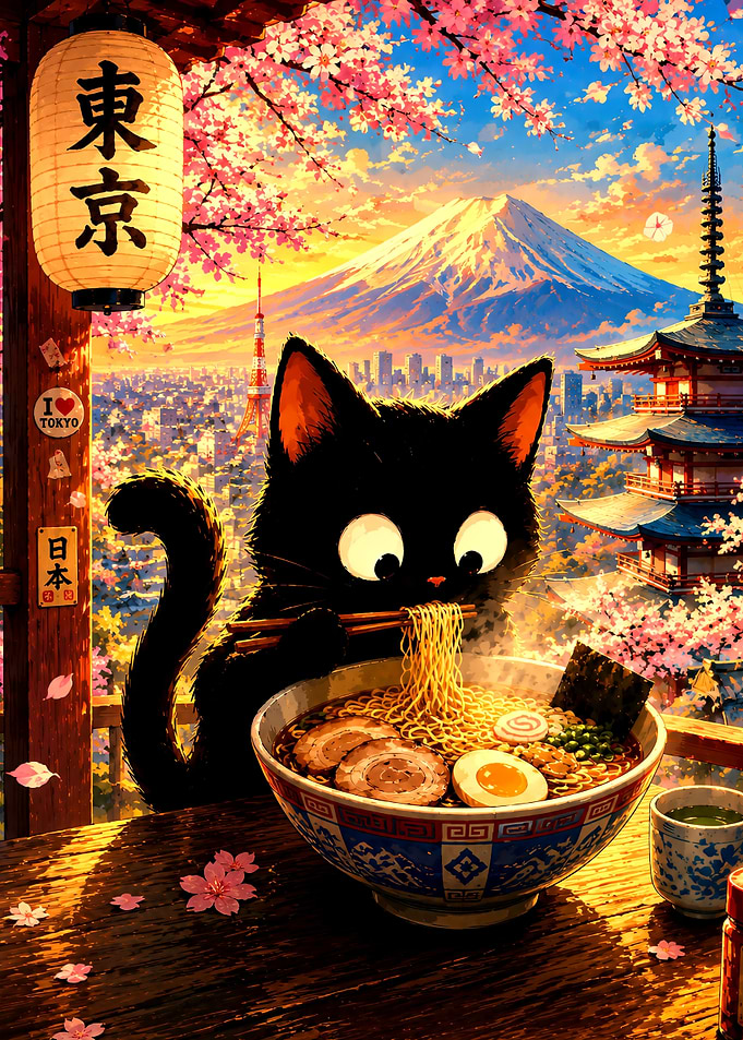 Black Cat Eating Ramen in Tokyo