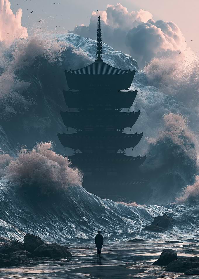 Lone Figure Before Tsunami and Pagoda