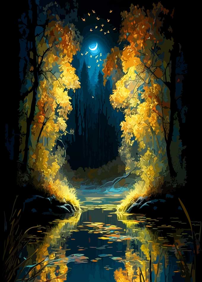 Moonlit Autumn Forest River Scene