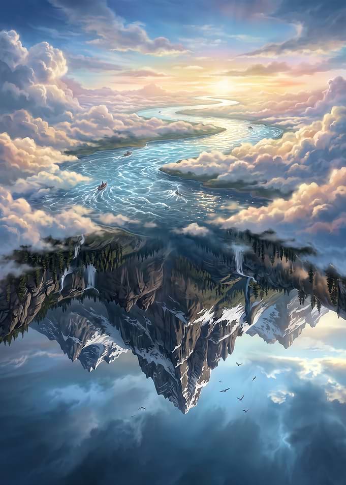Surreal Floating World with River
