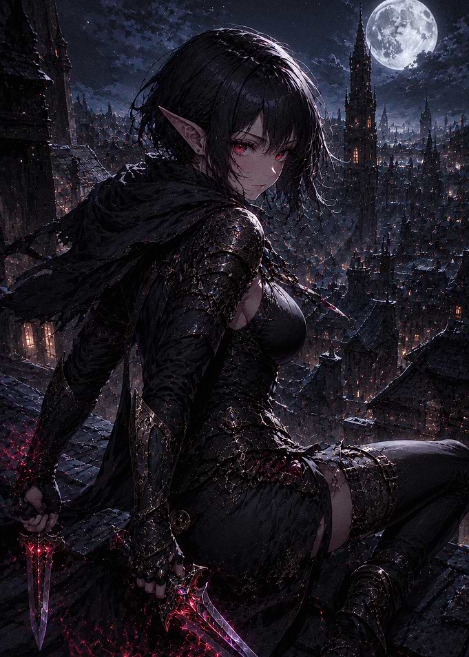 Dark Elf Assassin Overlooking Gothic City