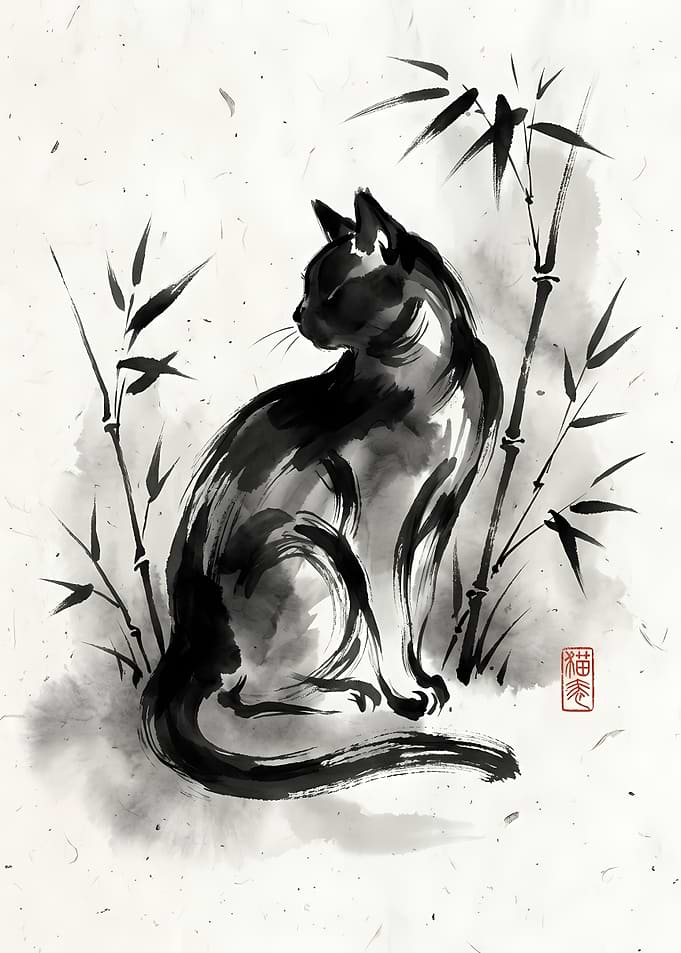 Sumi-e Style Black Cat and Bamboo