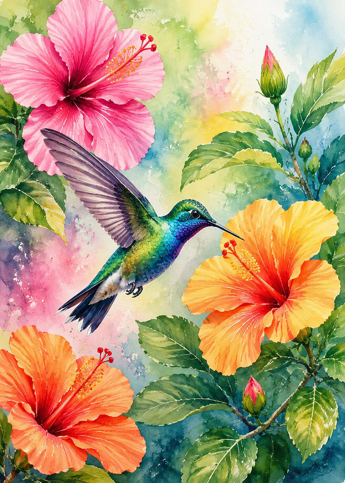 Hummingbird Among Vibrant Hibiscus Flowers