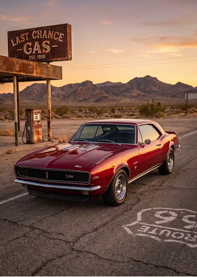 Classic Red Chevrolet Camaro at Gas Station