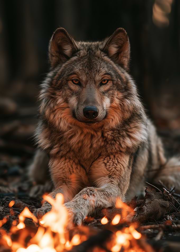 Majestic Wolf Resting by Campfire