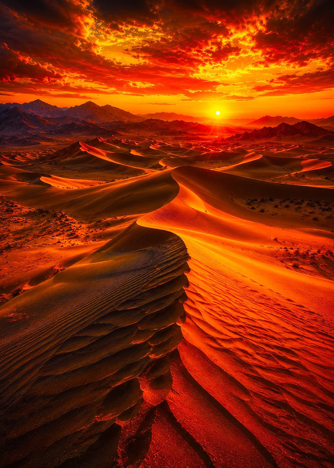 Fiery Sunset Over Desert Dunes