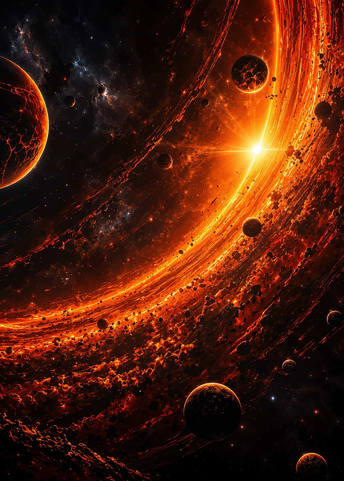 Fiery Cosmic Nebula and Planet System