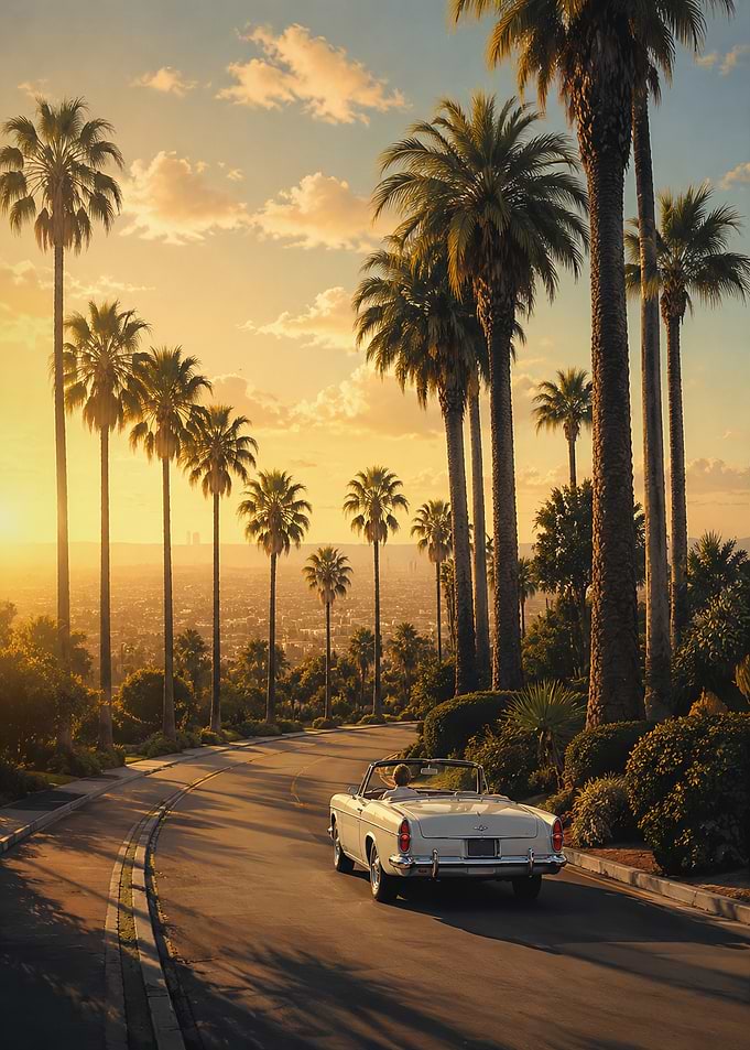 Classic Convertible Driving Through Palm Trees