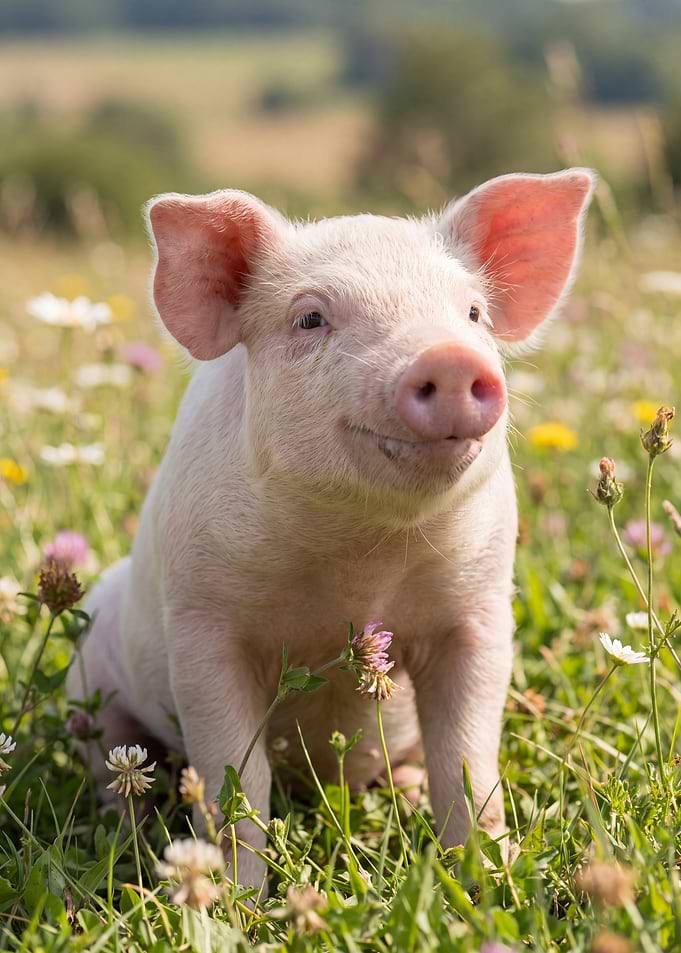 Cute Piglet in a Flower Meadow