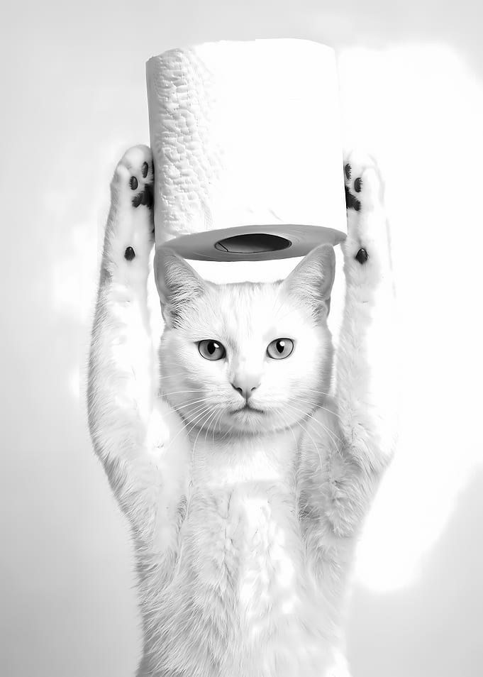 White Cat Holding Toilet Paper Roll